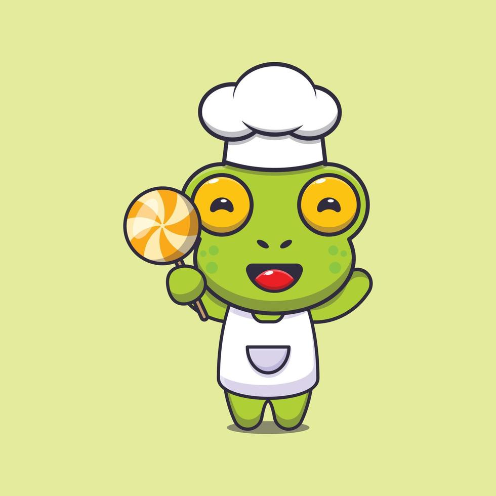 cute frog chef mascot cartoon character holding candy vector