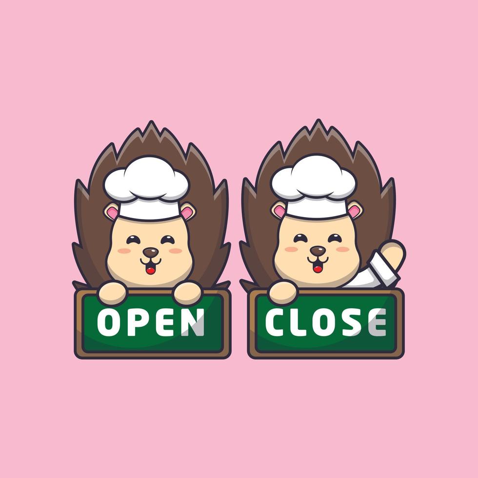 cute hedgehog chef mascot cartoon character with open and close board vector