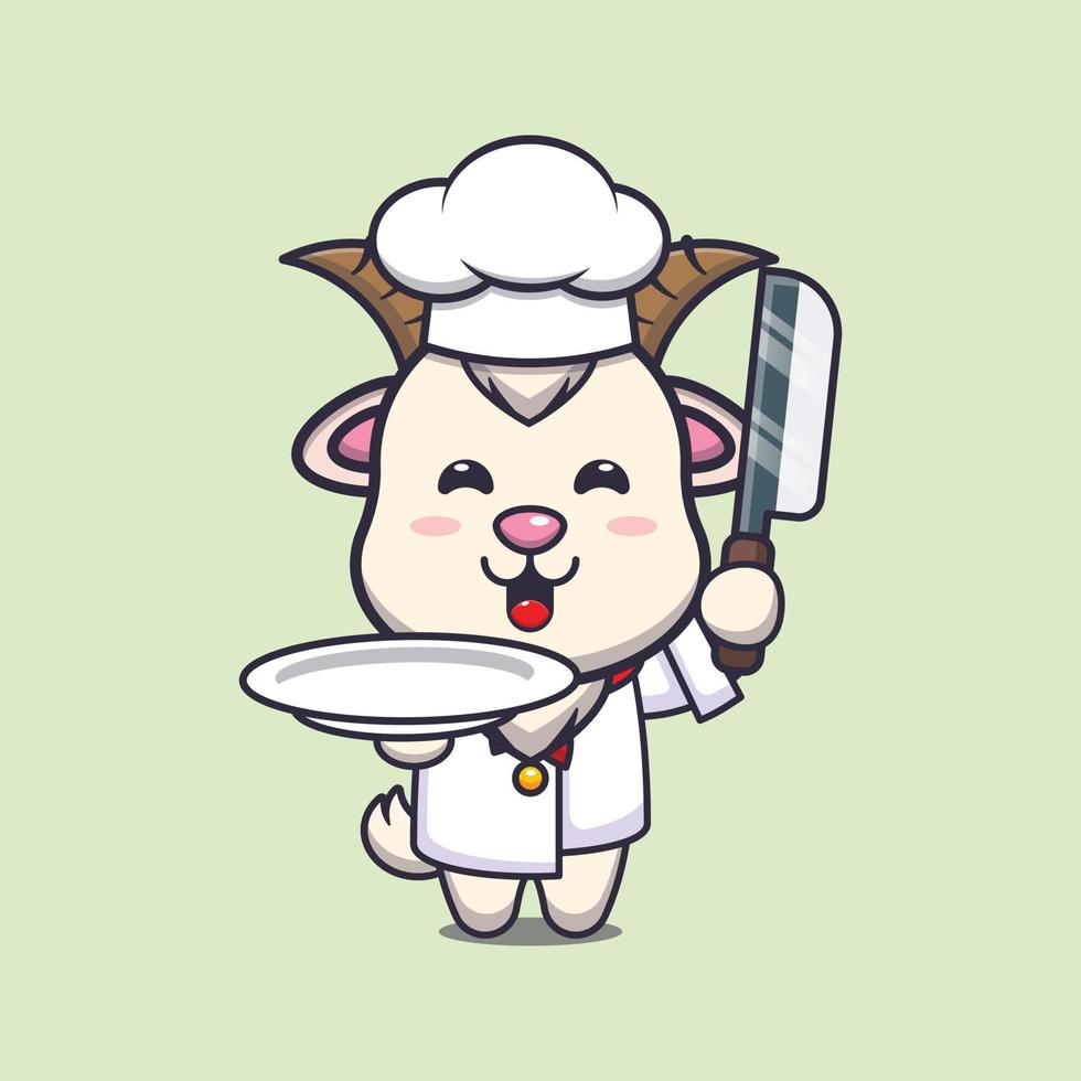 lindo personaje de dibujos animados de la mascota del chef de cabra con cuchillo y plato vector