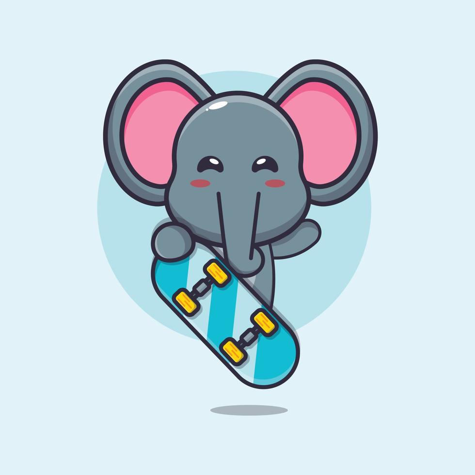 lindo personaje de dibujos animados de mascota elefante con monopatín vector