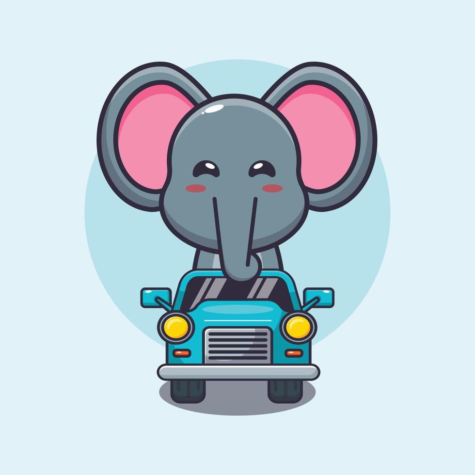 lindo elefante mascota personaje de dibujos animados paseo en coche vector