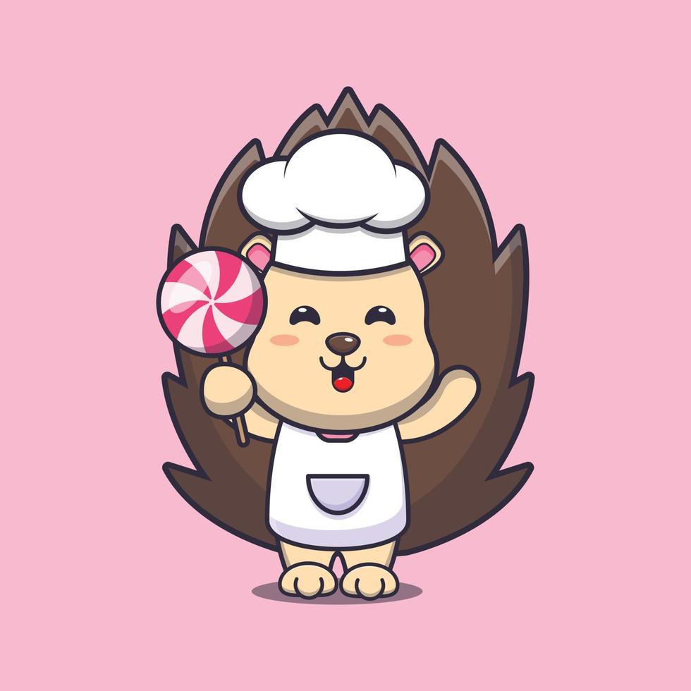 cute hedgehog chef mascot cartoon character holding candy vector