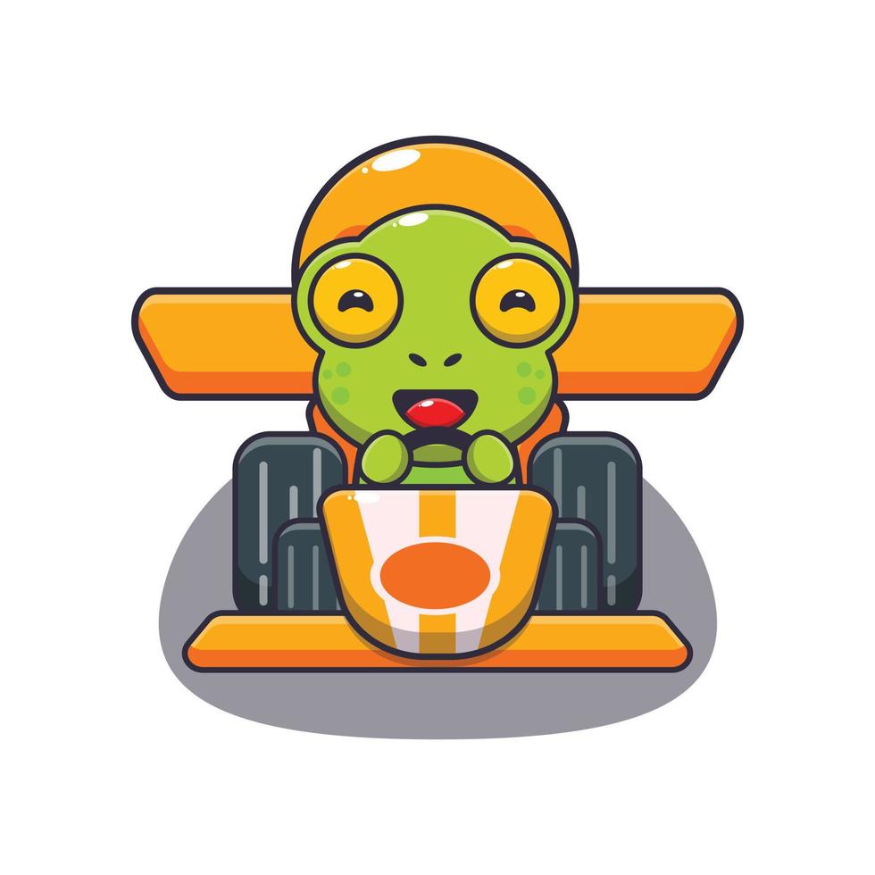 lindo personaje de dibujos animados de la mascota de la rana montando un coche de carreras vector