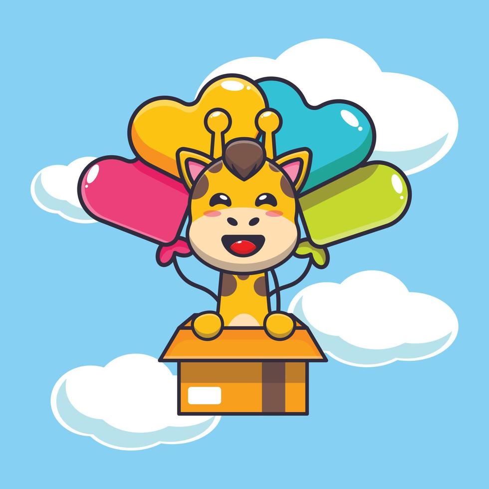 cute giraffe mascot cartoon character fly with balloon vector