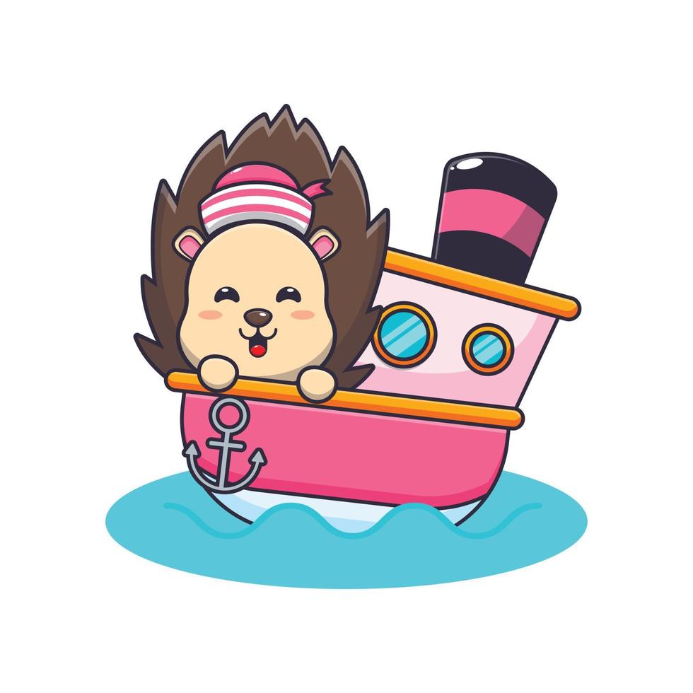 cute hedgehog mascot cartoon character on the ship vector