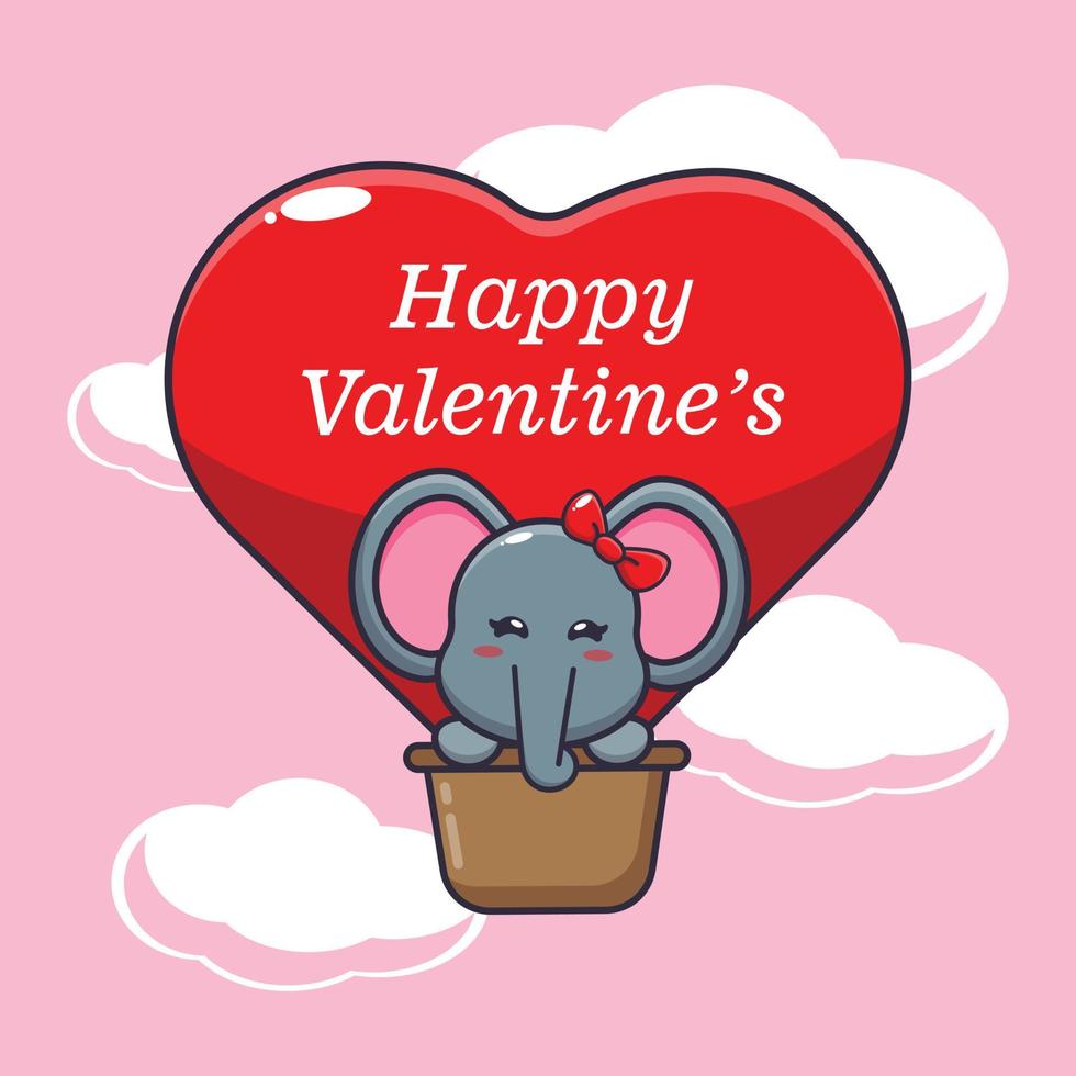 cute elephant cartoon character fly with air balloon in valentines day vector