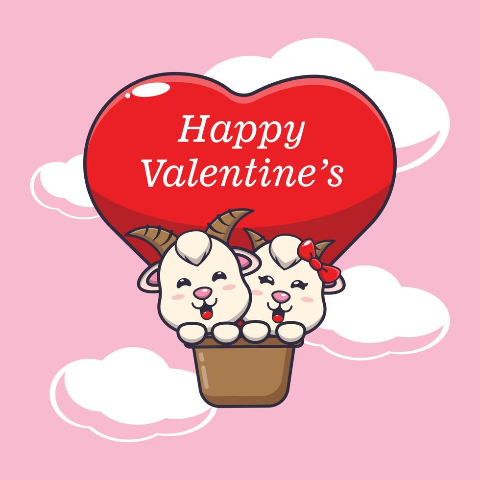 cute goat cartoon character fly with air balloon in valentines day vector