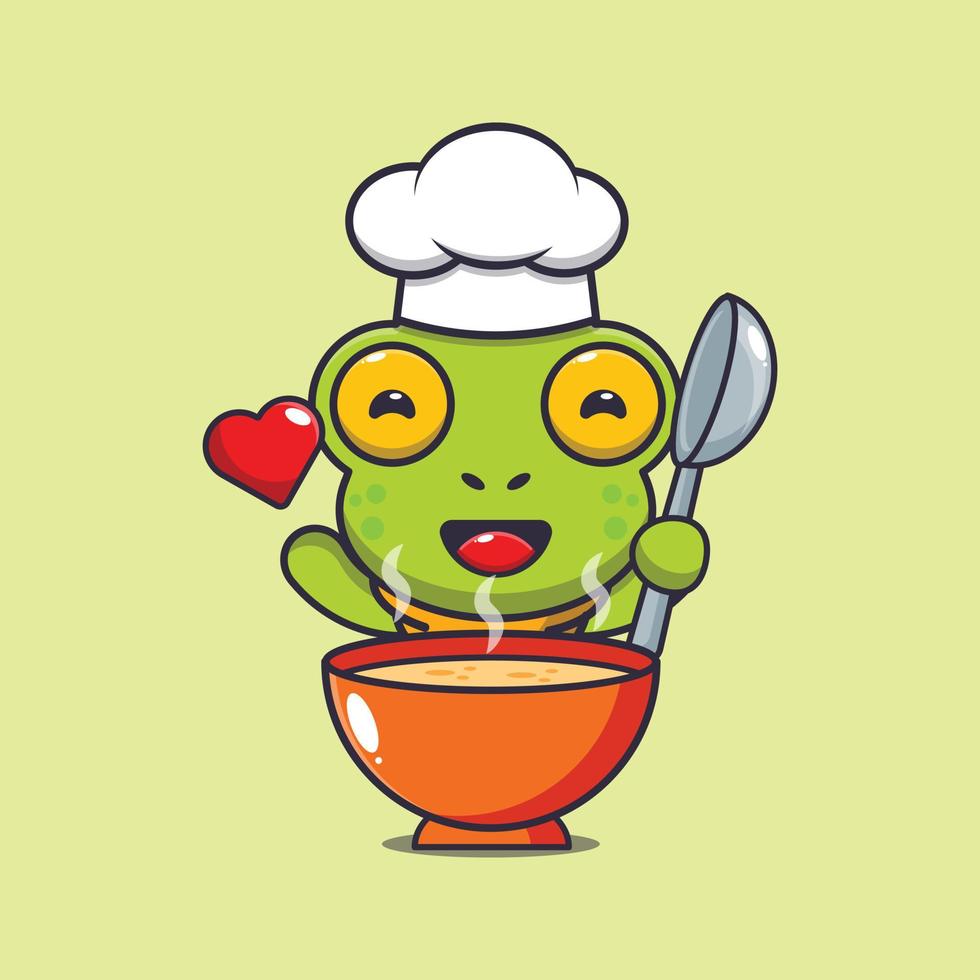 cute frog chef mascot cartoon character with soup vector