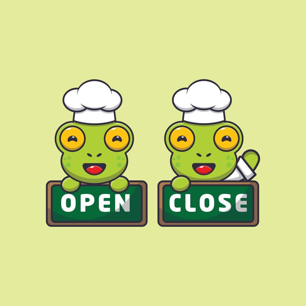 lindo personaje de dibujos animados de la mascota del chef rana con tablero abierto y cerrado vector