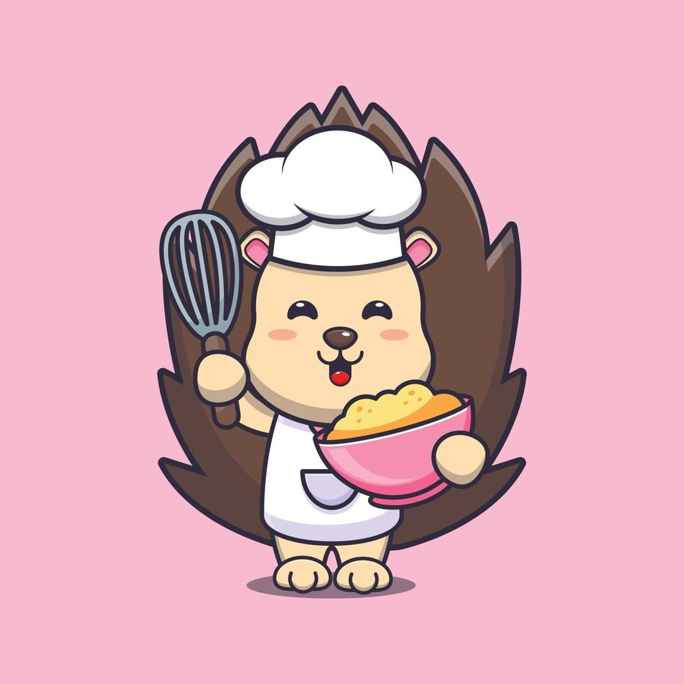 lindo erizo chef mascota personaje de dibujos animados con masa de pastel vector