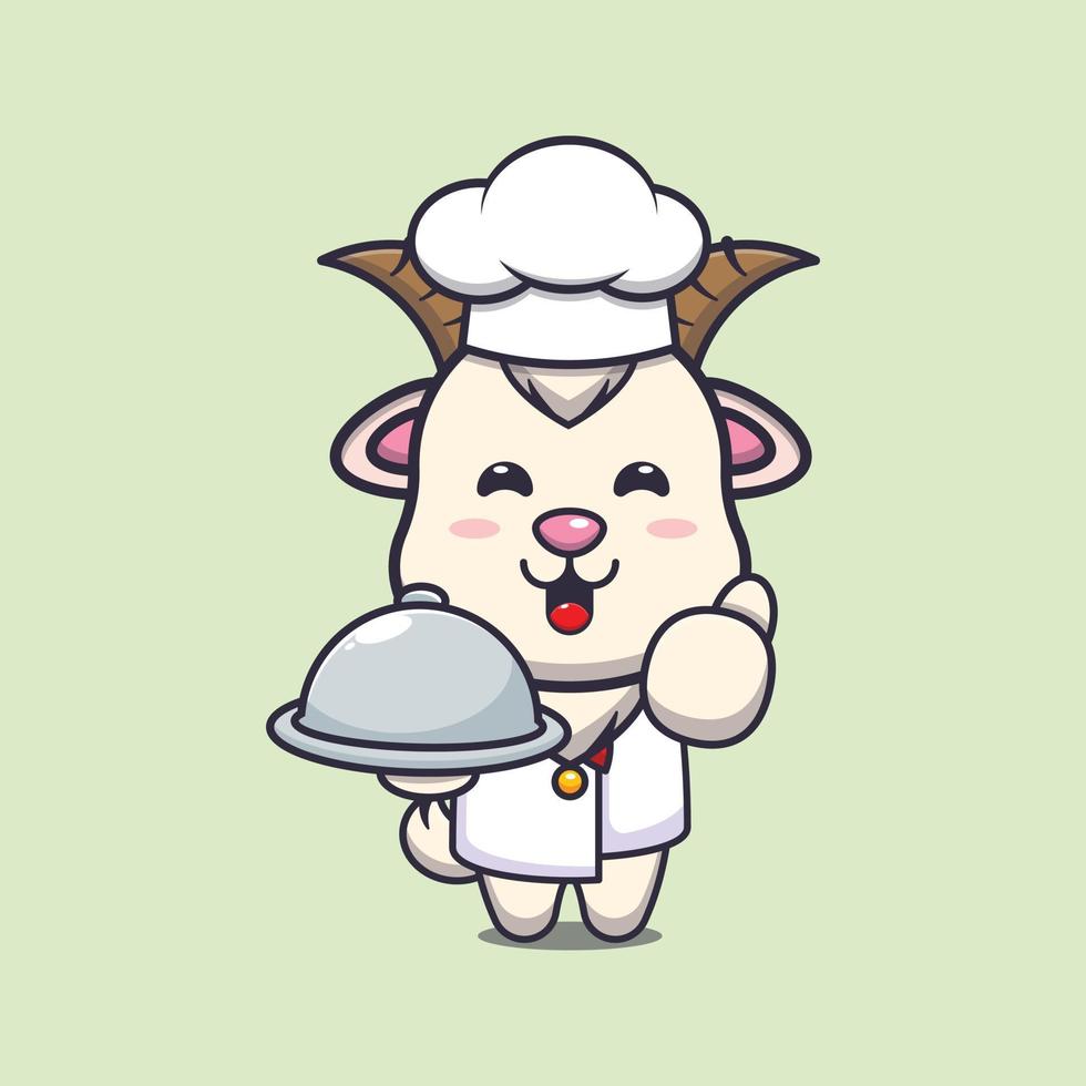 cute goat chef mascot cartoon character with dish vector