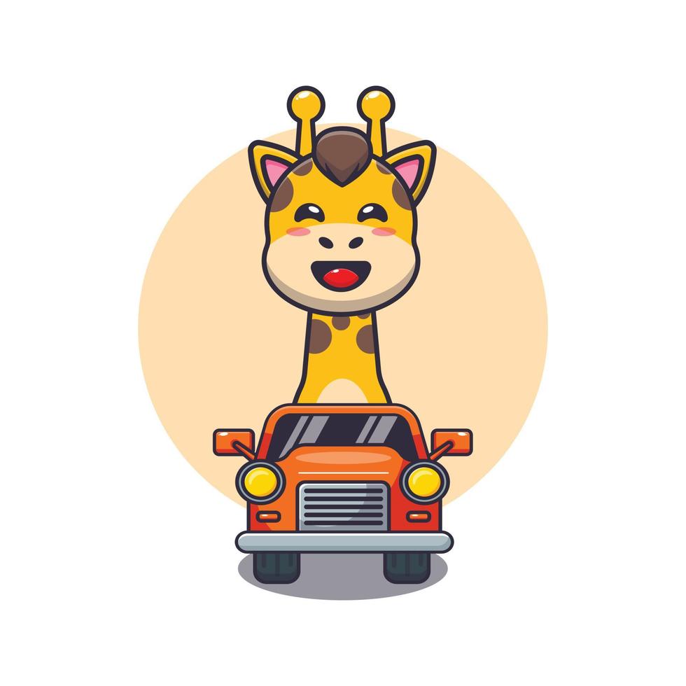 lindo personaje de dibujos animados de la mascota de la jirafa paseo en coche vector