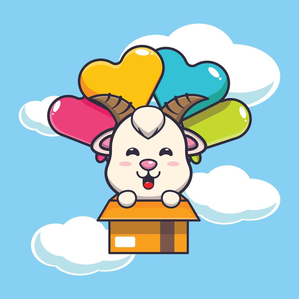 cute goat mascot cartoon character fly with balloon vector