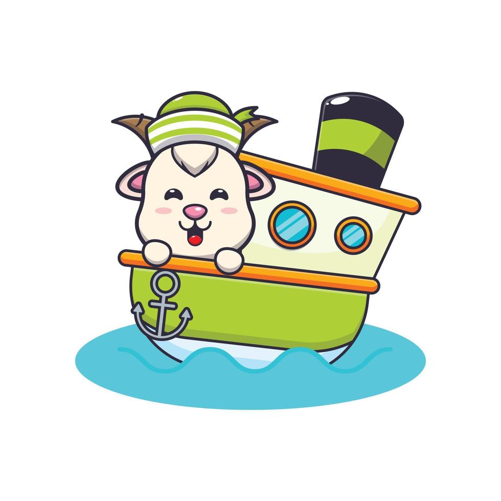 lindo personaje de dibujos animados de mascota de cabra en el barco vector