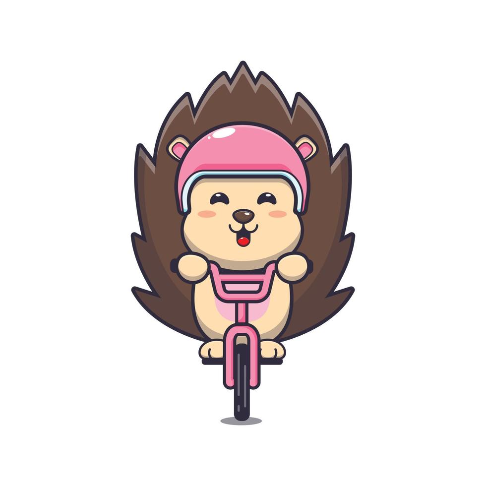 lindo erizo mascota personaje de dibujos animados paseo en bicicleta vector