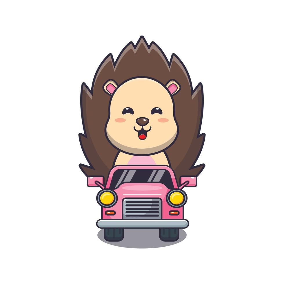 lindo erizo mascota personaje de dibujos animados paseo en coche vector