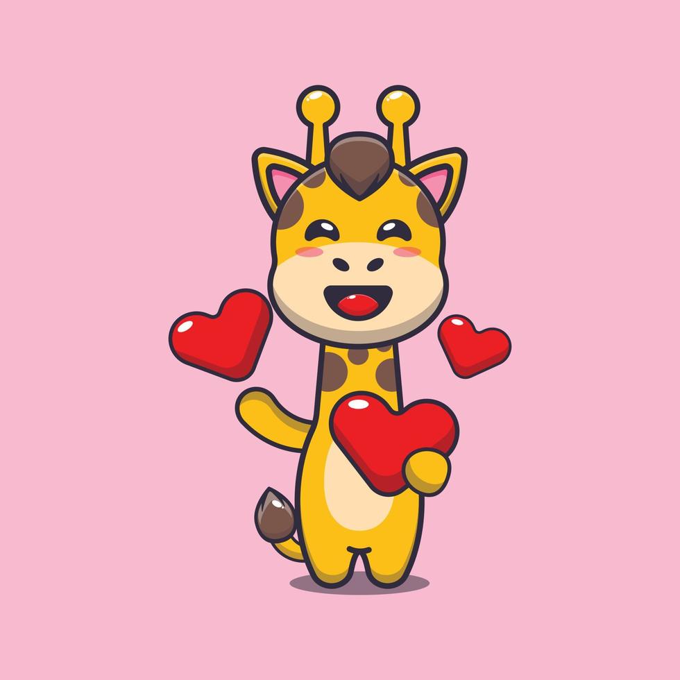 lindo personaje de dibujos animados de jirafa con corazón de amor en el día de san valentín vector
