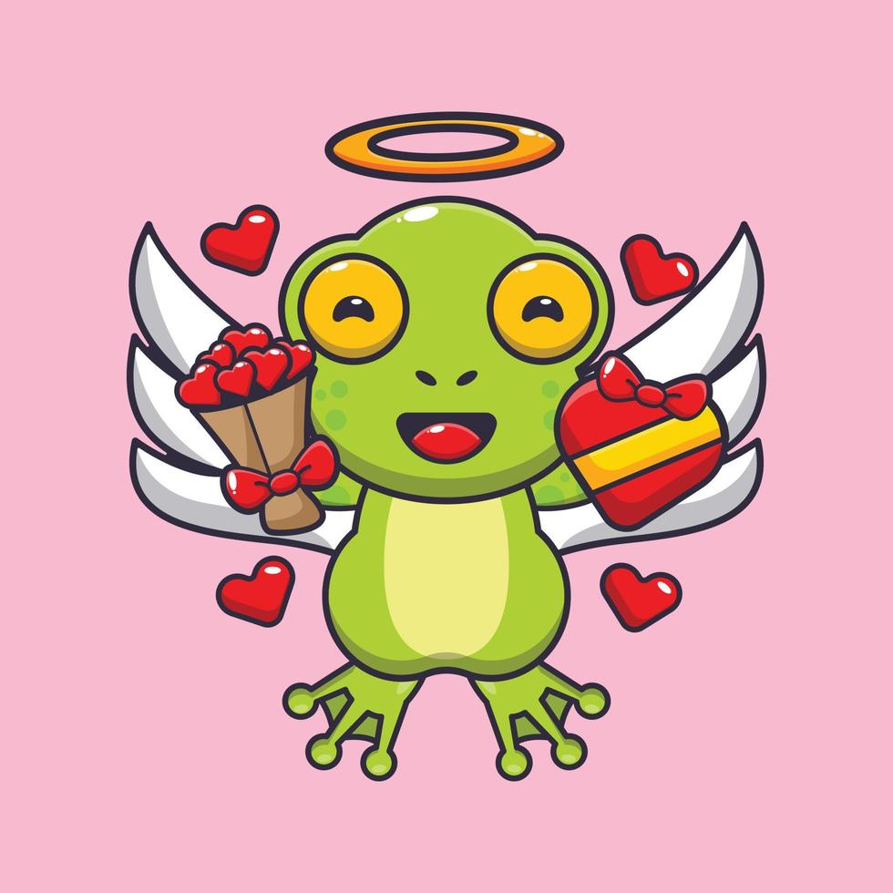 lindo personaje de dibujos animados de cupido de rana con regalo de amor y ramo de amor vector