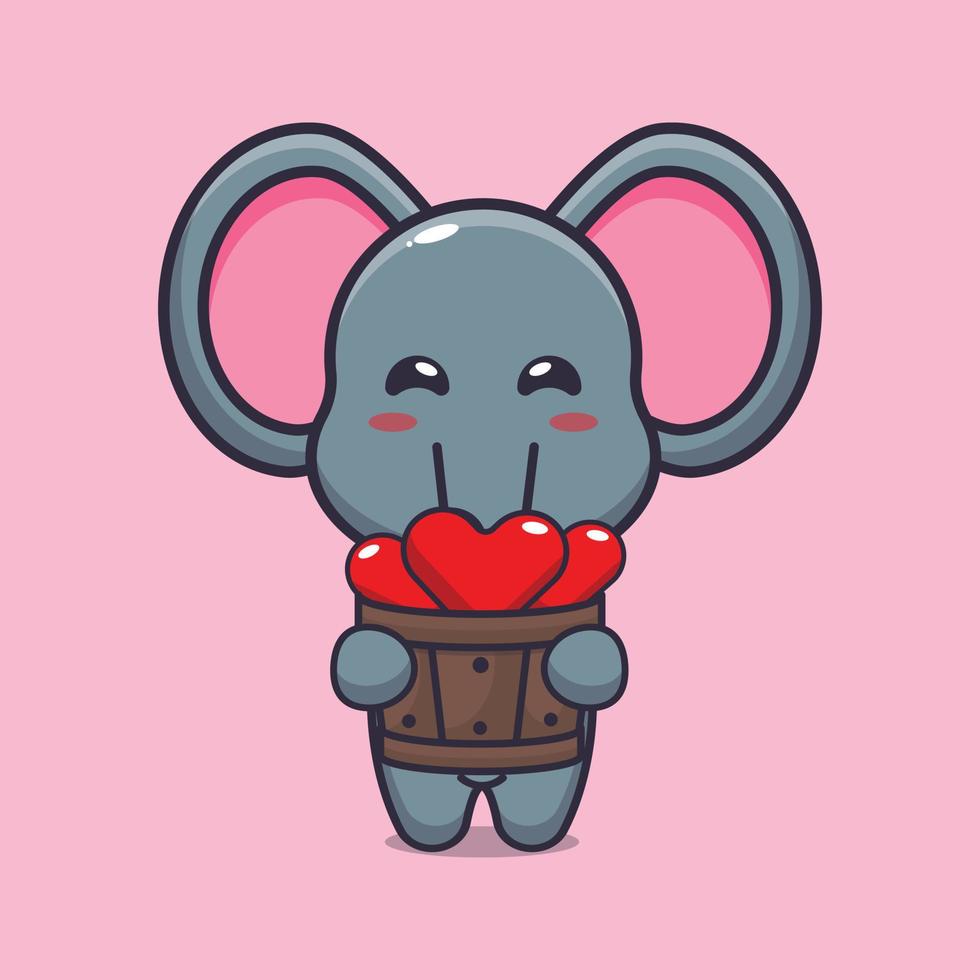 cute elephant cartoon character holding love in wood bucket vector