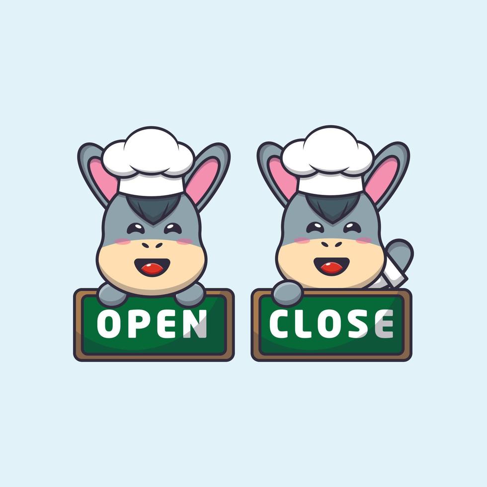 cute donkey chef mascot cartoon character with open and close board vector