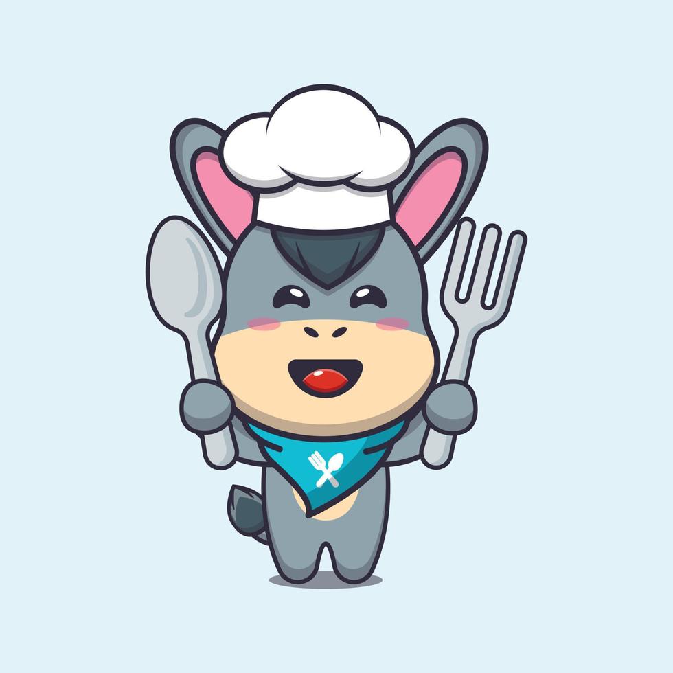 lindo burro chef mascota personaje de dibujos animados con cuchara y tenedor vector