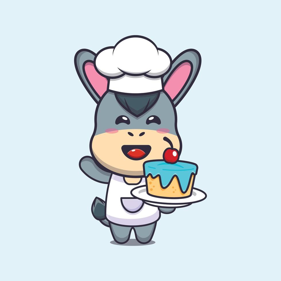 Lindo burro chef mascota personaje de dibujos animados con pastel vector