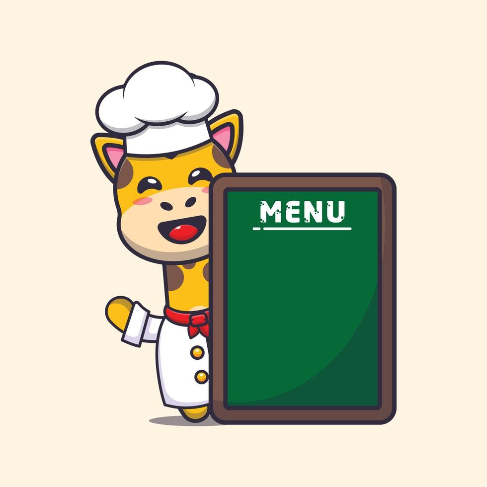 lindo personaje de dibujos animados de la mascota del chef jirafa con tablero de menú vector