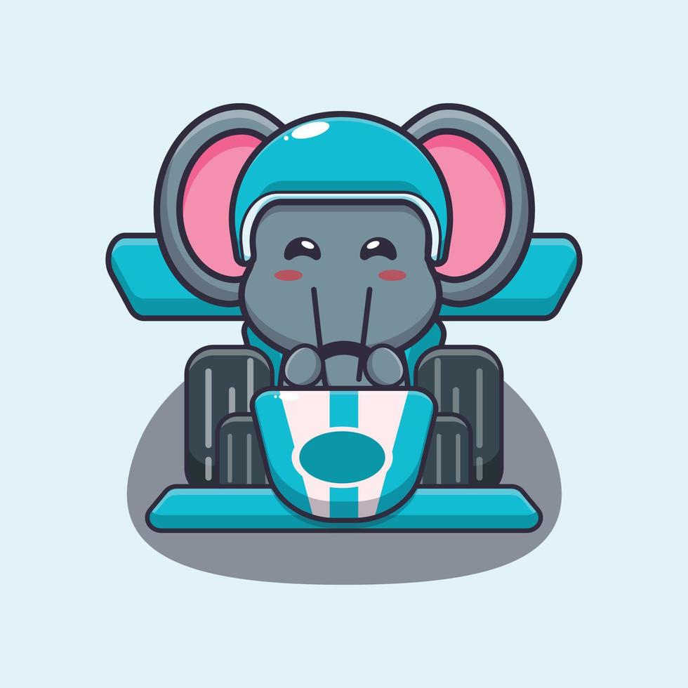 lindo elefante mascota personaje de dibujos animados montando coche de carreras vector