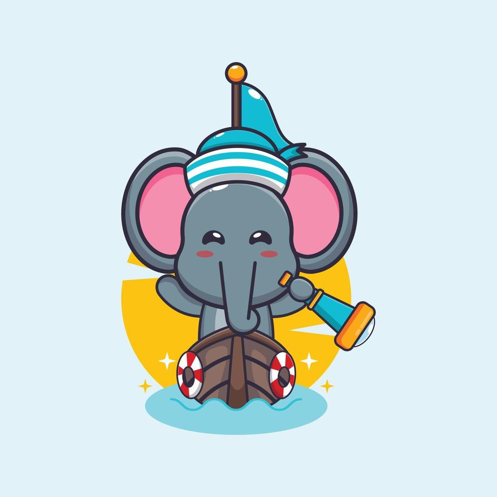 cute elephant mascot cartoon character on the boat vector