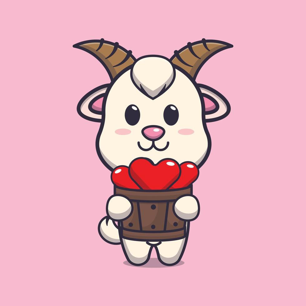 cute goat cartoon character holding love in wood bucket vector