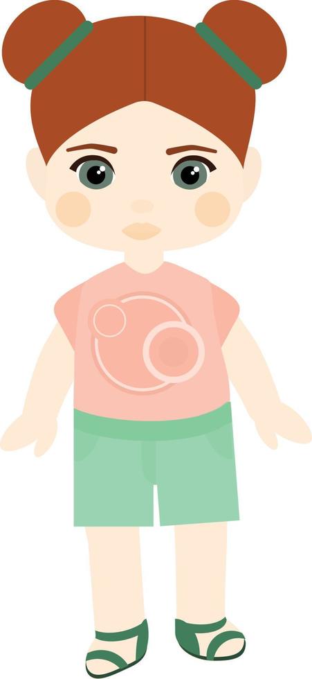 Vector character. Girl with red hair in shorts and t-shirt