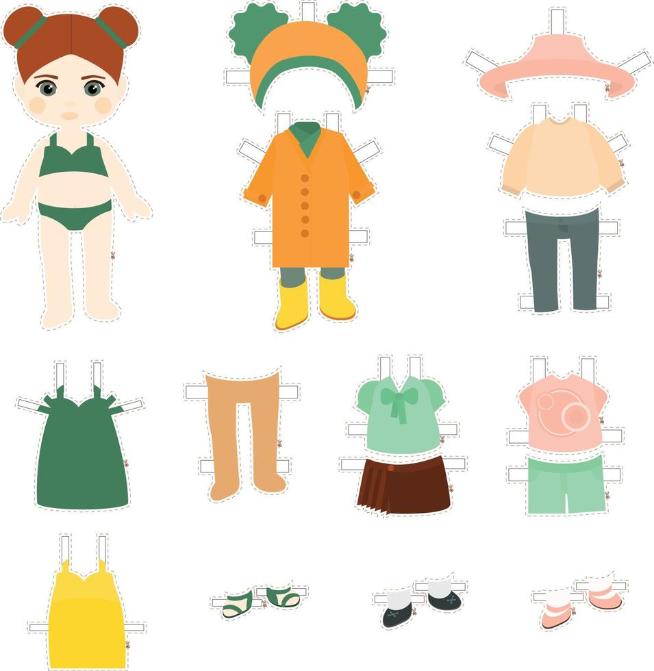 Paper doll. Redhead girl with several sets of clothes vector