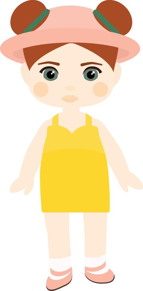Vector character. Girl with red hair in a yellow sundress and panama