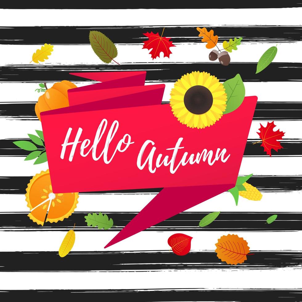 Hello autumn vector banner or poster gradient flat style design vector illustration. Huge red ribbon with text, colored leaves, pumpkin, sunflower, pie and corn isolated on fun background.