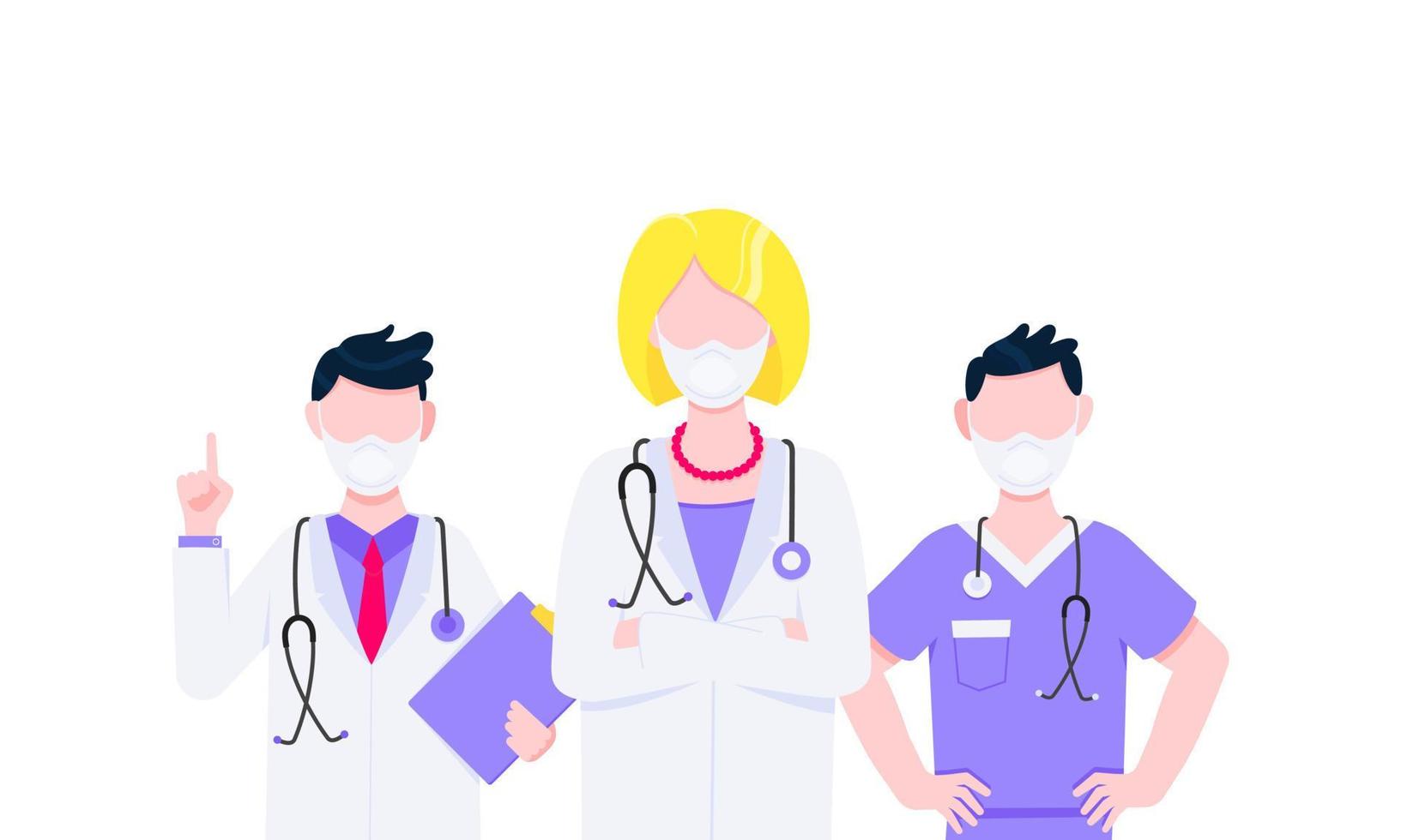 Successful team of medical employee doctors with face masks vector illustration