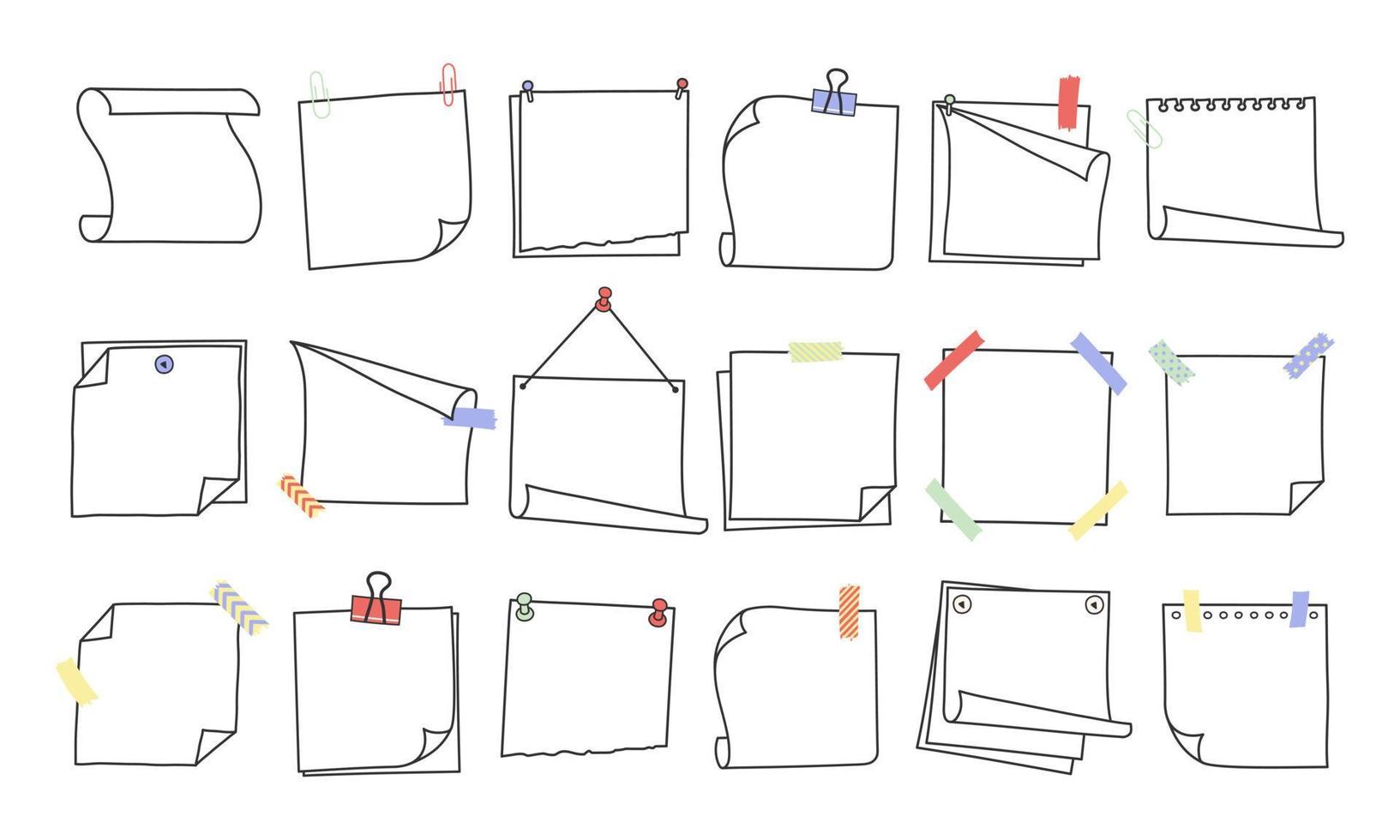 Doodle hand drawn memo notes and reminders vector illustration set.
