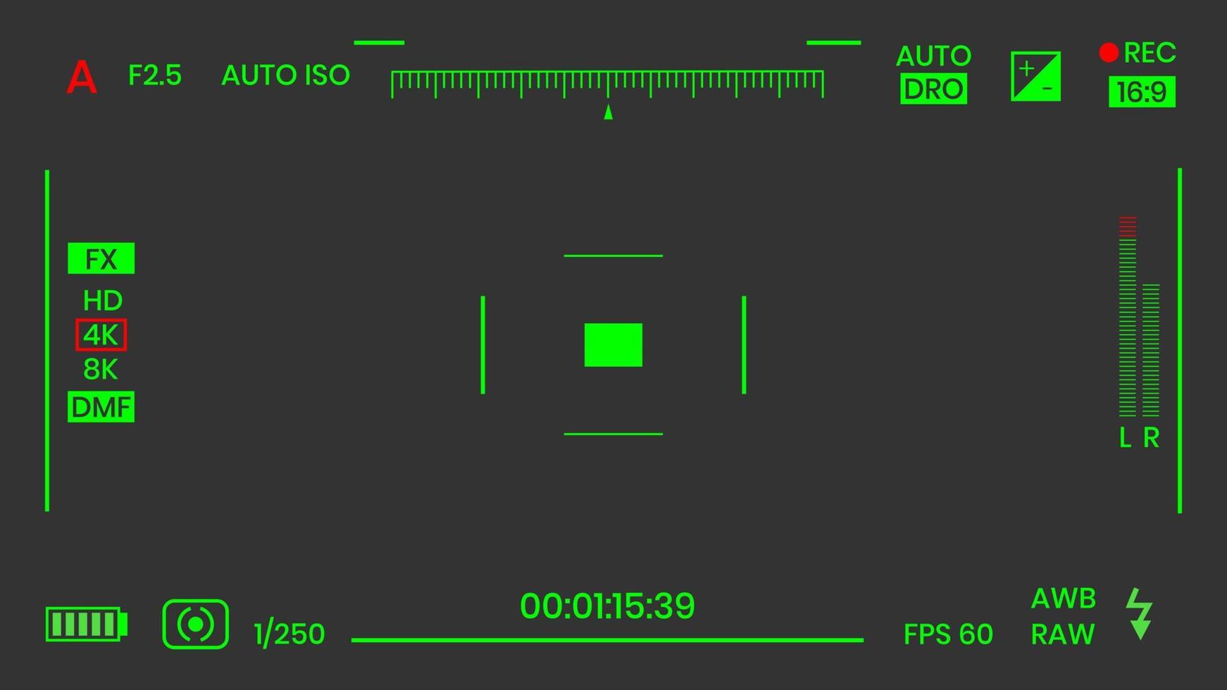 Ilustración de vector de diseño de estilo plano grabadora de marco de foto o video de visión nocturna de visor de cámara. visor de cámara digital con ajustes de exposición y plantilla de cuadrícula de enfoque.