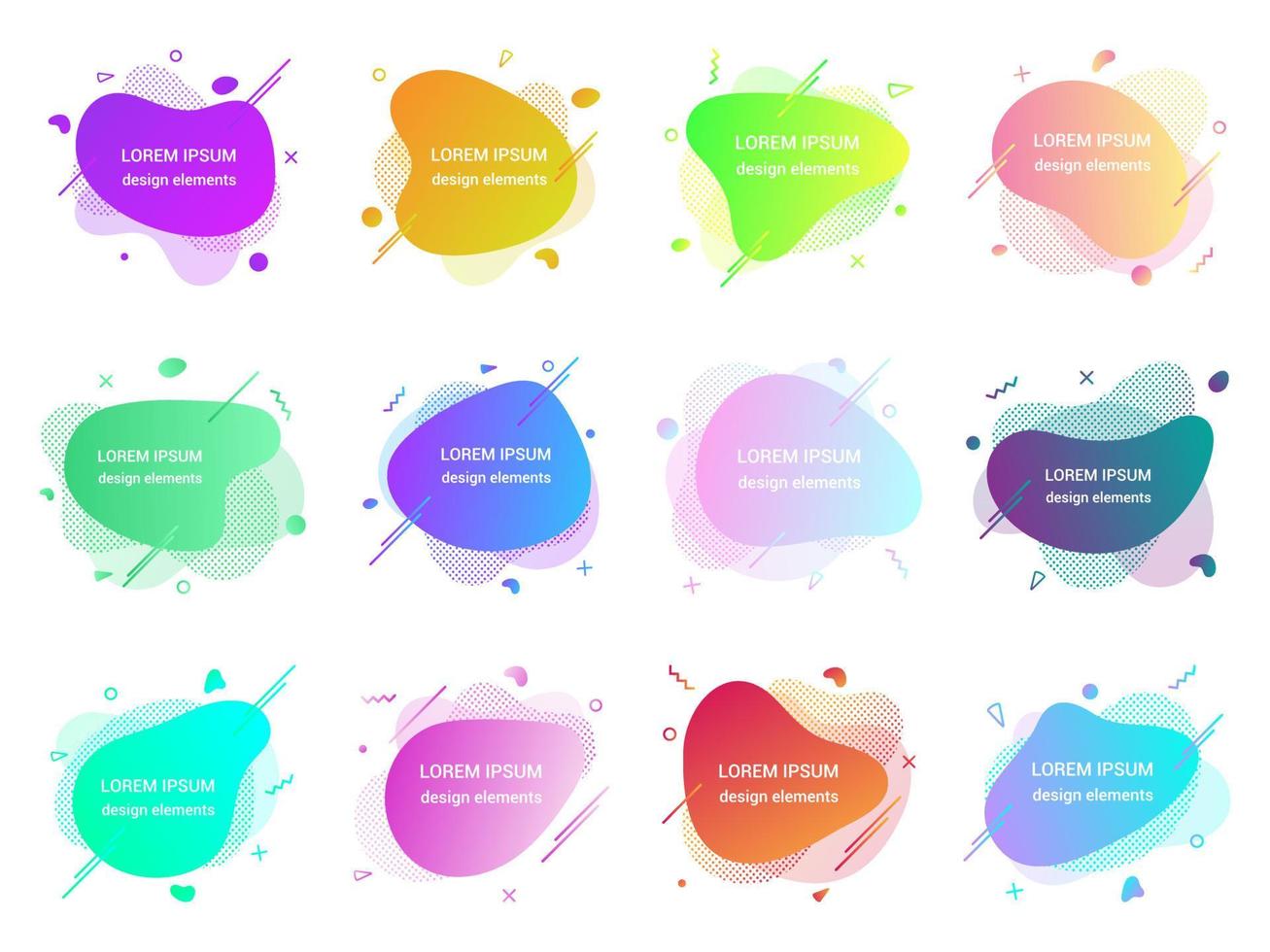 Modern liquid abstract element graphic gradient flat style design fluid vector colorful illustration set banner simple shape template for logo, presentation, flyer, isolated on white background.
