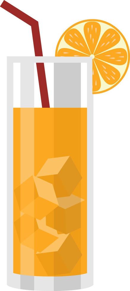 Natural fresh orange juice in a glass. Drink with orange. Orange slice, tube for drinking. Citrus fruit. Vector illustration flat design