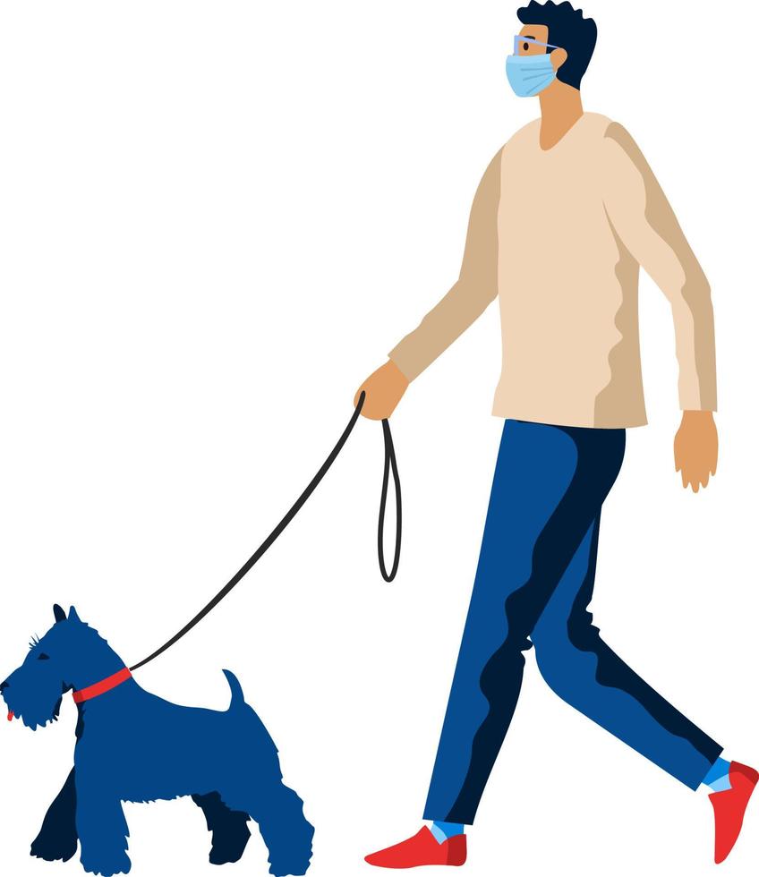 Masked man walking a dog. Pet owner taking puppy for walk, following infection protection measures and restrictions from virus vector