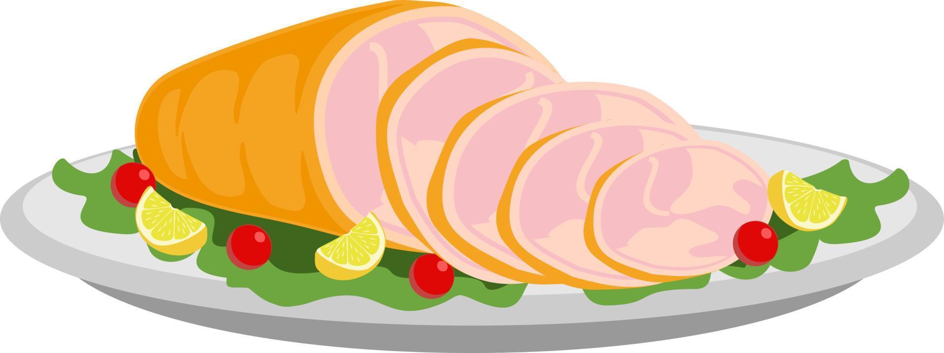 Smoked ham isolated, delicious sliced ham illustration for delicatessen uses. Illustration vector flat cartoon of food on happy Thanksgiving menu on dinner table as feast concept. Smoked pork.
