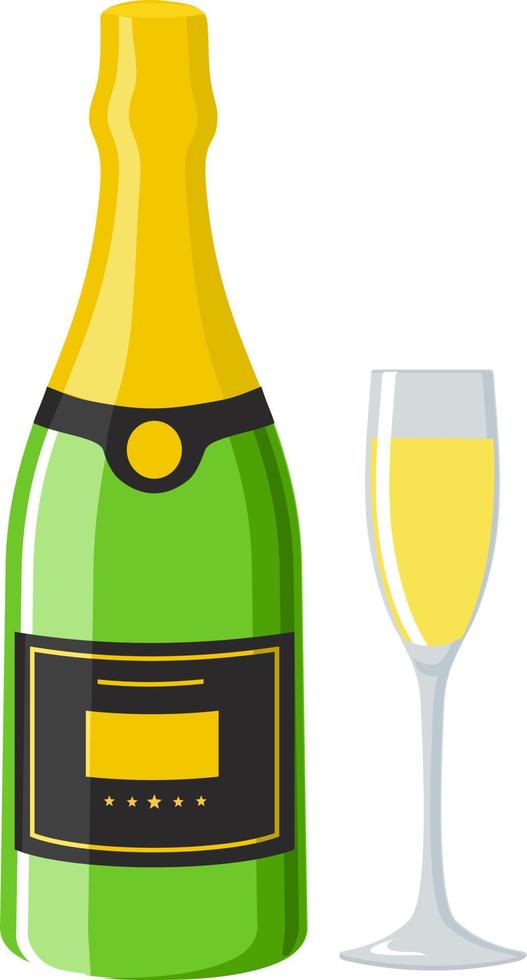 Champagne bottle with glass, flat design modern vector illustration.