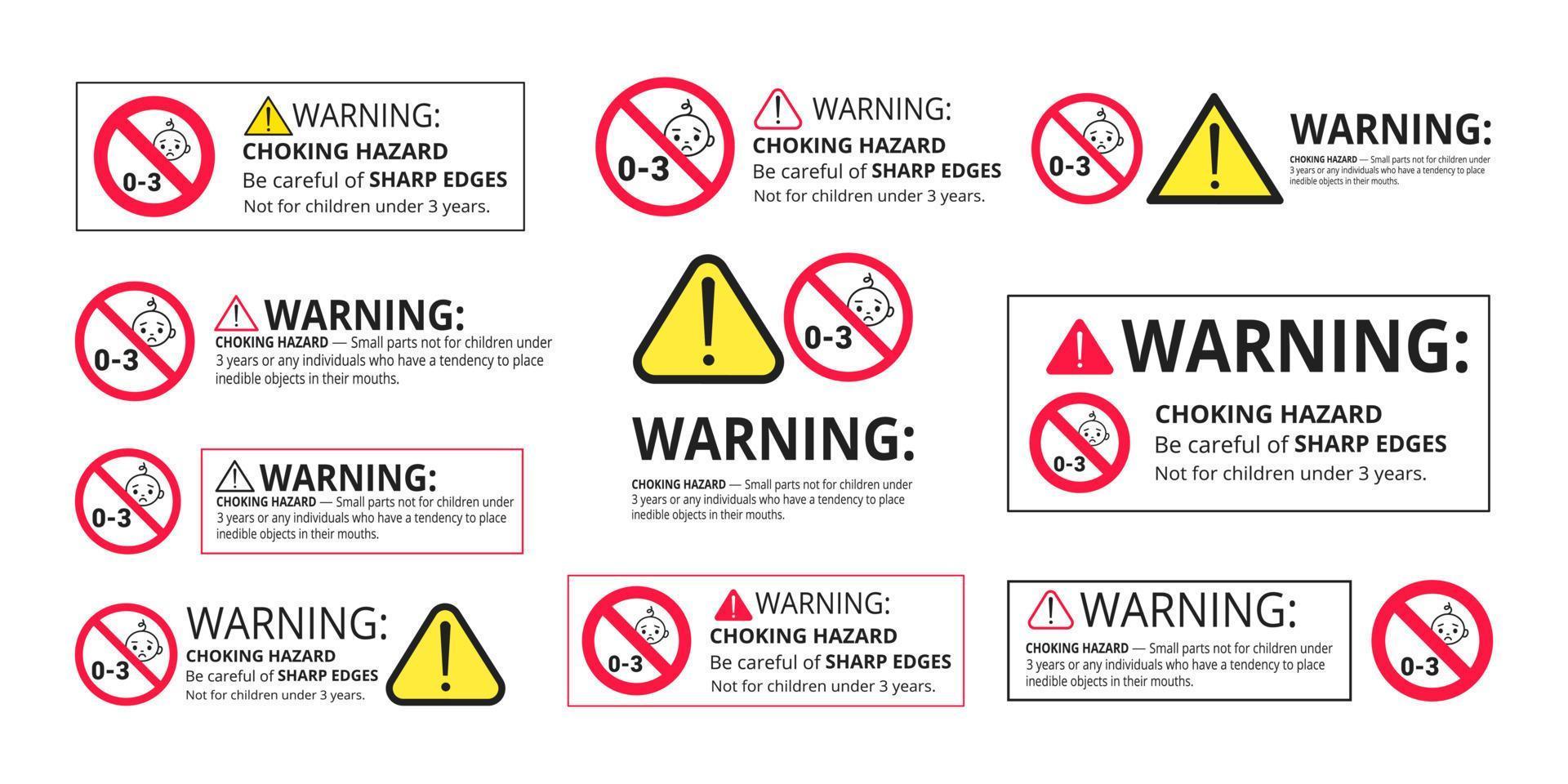 Choking warning hazard forbidden sign sticker not suitable for children under 3 years isolated on white background. vector