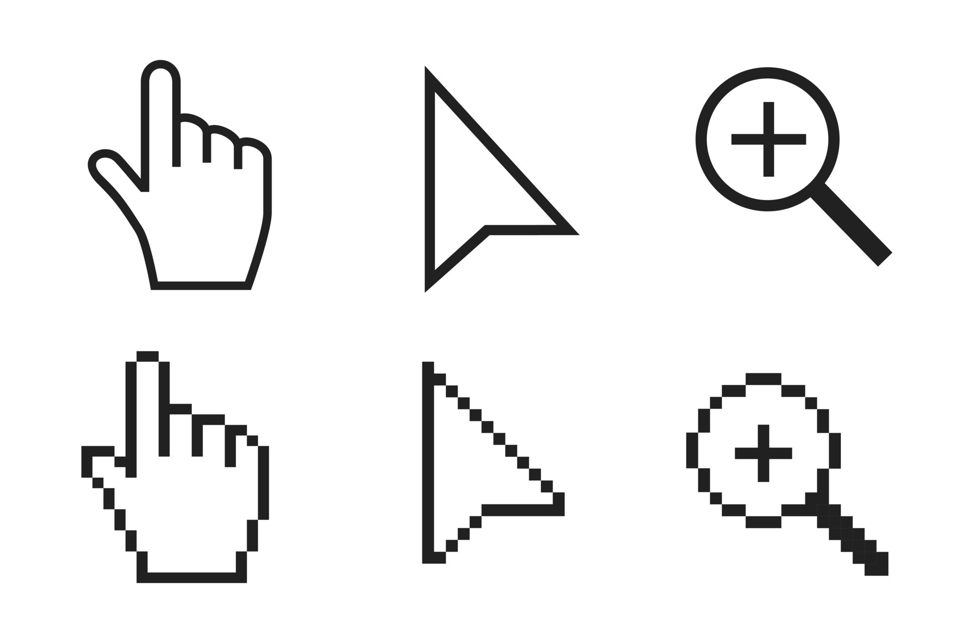 Black and white arrow, hand, magnifier pixel and no pixel mouse cursor