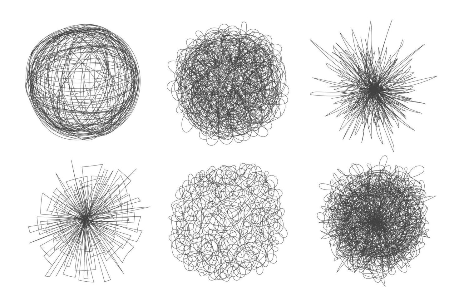 Tangled chaos abstract hand drawn messy scribble ball vector illustration set.