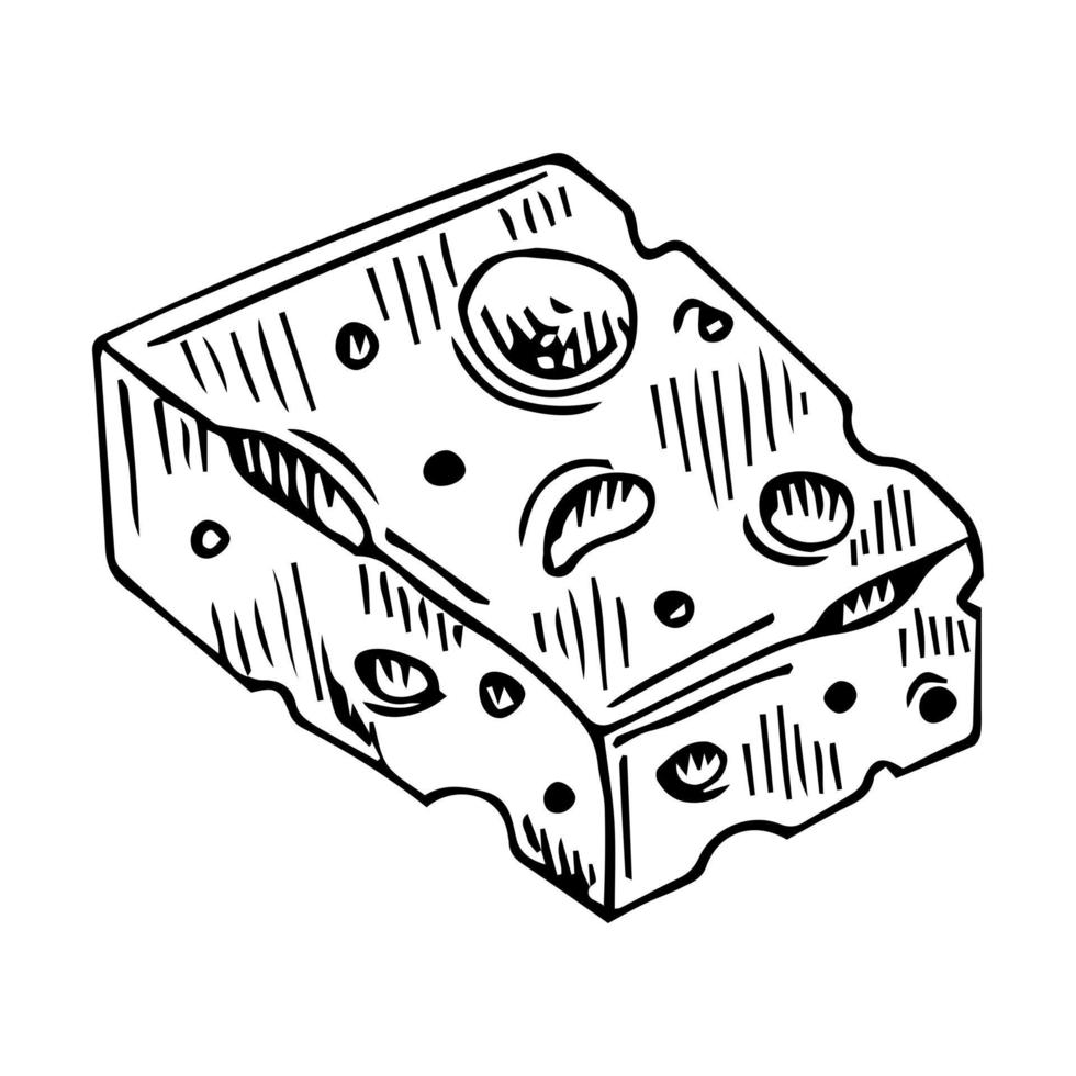 Piece of Swiss hard cheese with cut slices, hand drawn doodle vector illustration isolated on white background. Hard yellow cheese in simple black outline drawing.