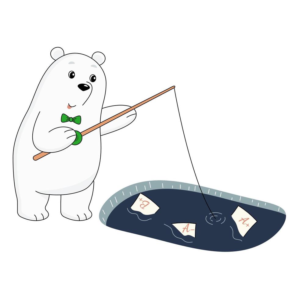 White polar bear standing near the ice-hole with fishing rod. Cartoon character. Flat vector illustration