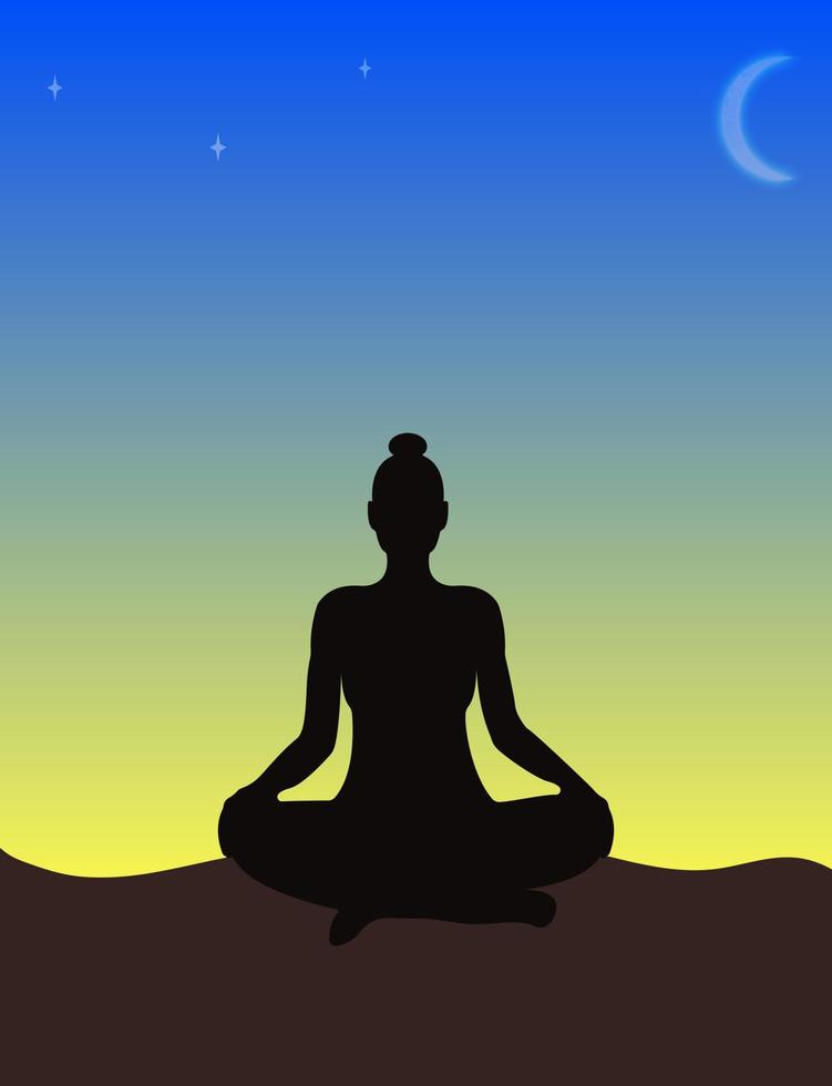 A silhouette of a woman sitting in the lotus position, meditating against sunrise sky. Flat vector illustration