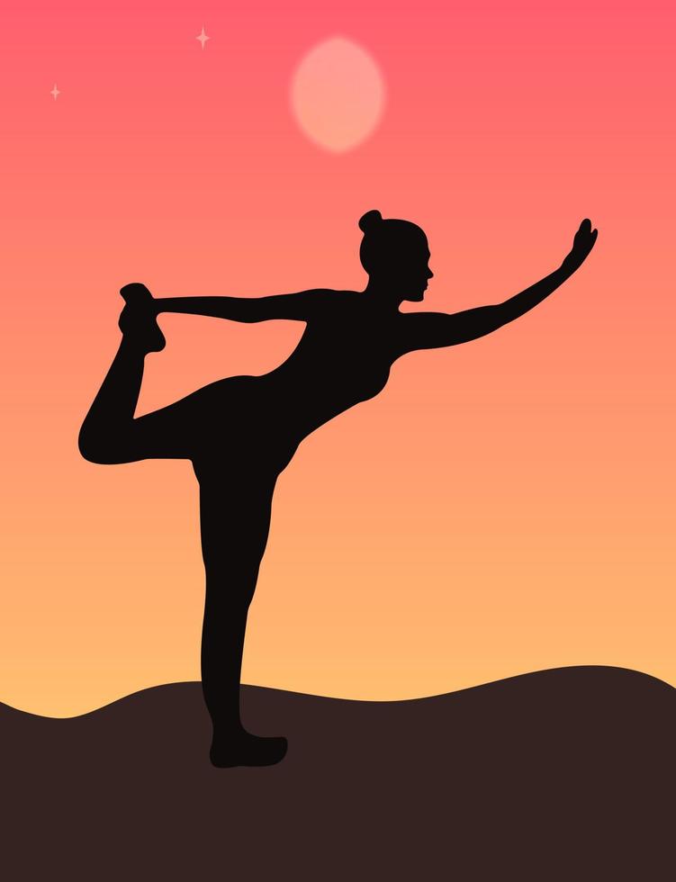 una silueta de una mujer parada en posición de yoga bailarina, meditando contra el cielo del amanecer. ilustración vectorial plana vector