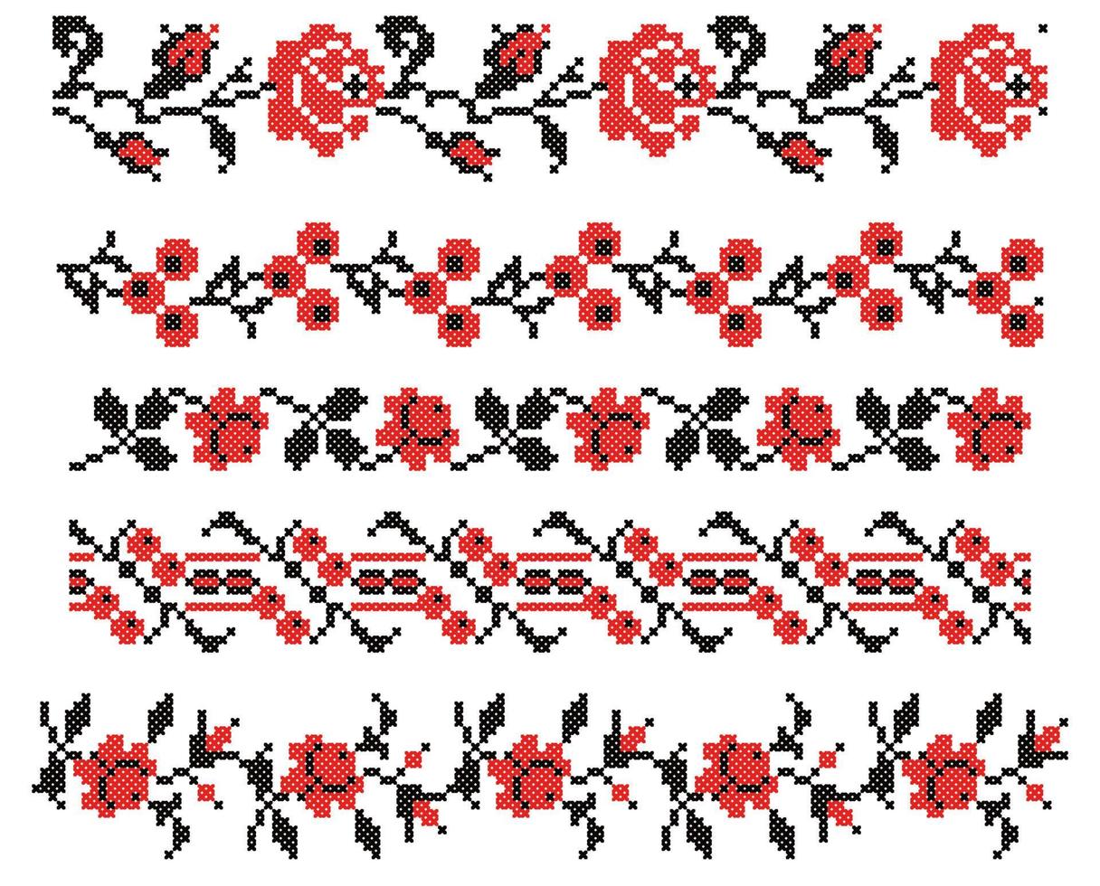 Ukrainian national cross-stitch vector ornament scheme of roses and berries for frames. Black and red set of vector illustrations